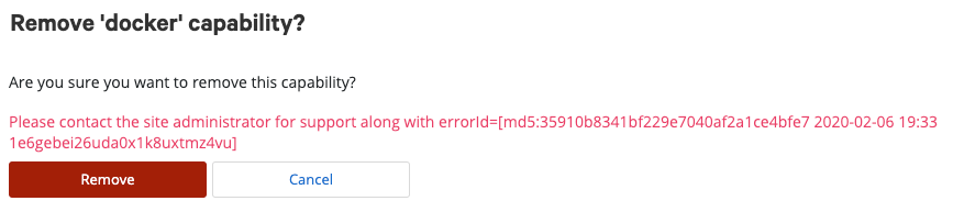 Screenshot of the web UI showing an error message instructing the user to "Contact the site administrator for support along with errorid"