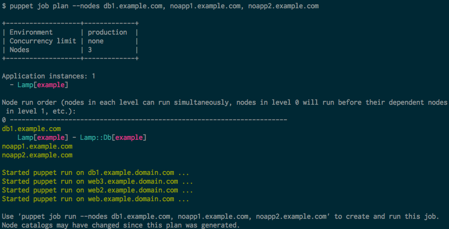 Screen shot of puppet job plan run on the command line.