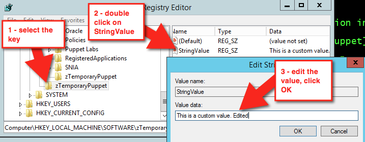 A screenshot of the Registry Editor with pointers showing where to select the key, double click on the StringValue, and edit the value data for that StringValue.