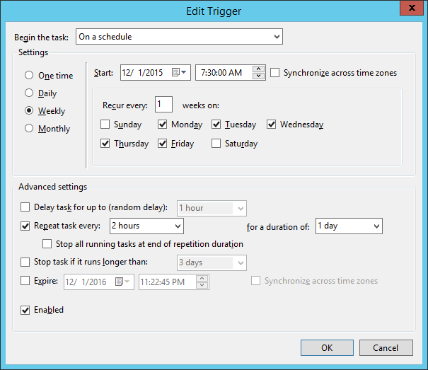 The Task Scheduler's "Edit Trigger" window, showing task schedule options such as how often and on what days to repeat the task.