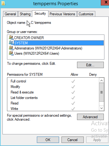 The tempperms window with the security tab highlighted.