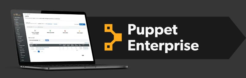 Puppet Enterprise Trial promotional image with a laptop displaying a screenshot of Puppet Enterprise