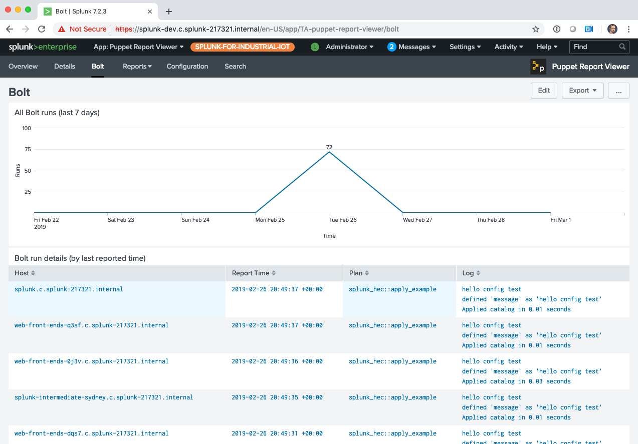 Screenshot of a Puppet Bolt summary report in Splunk