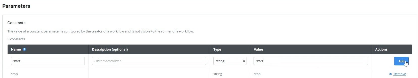 Screenshot of constant parameter