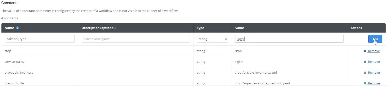 Create application parameter screenshot