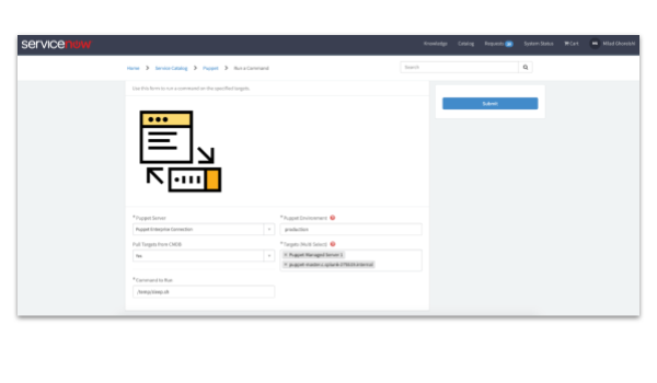 A screenshot of ServiceNow running with Puppet.