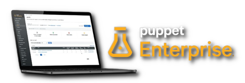 Laptop Showing Puppet Enterprise on screen and the Puppet Enterprise logo next to the laptop