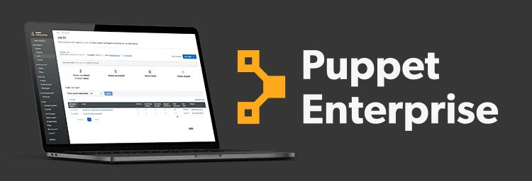 Puppet Enterprise Trial promotional image with a laptop displaying a screenshot of Puppet Enterprise