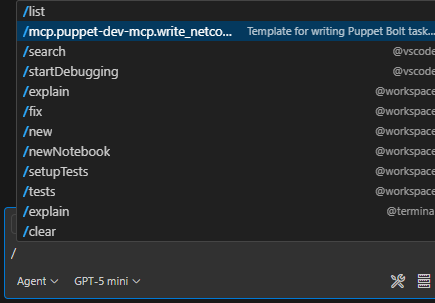 Screen grab of Agent chat command options