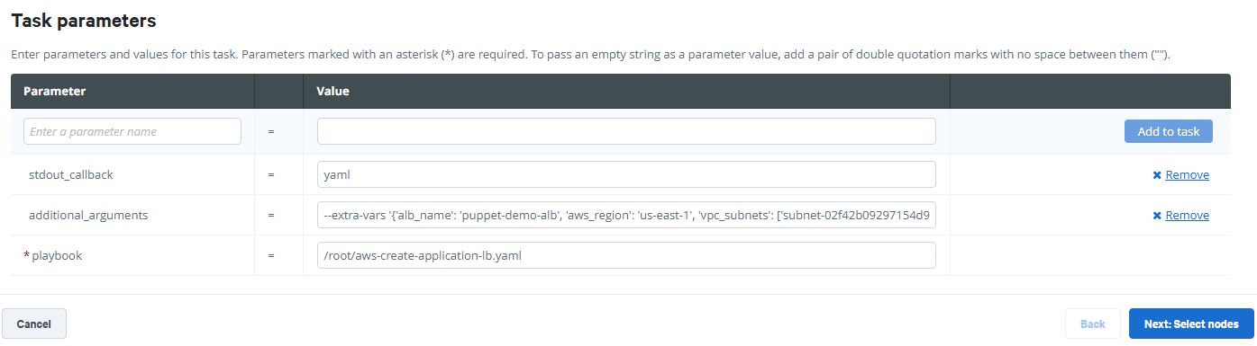 Screen grab of task parameters with stdout_callback yaml