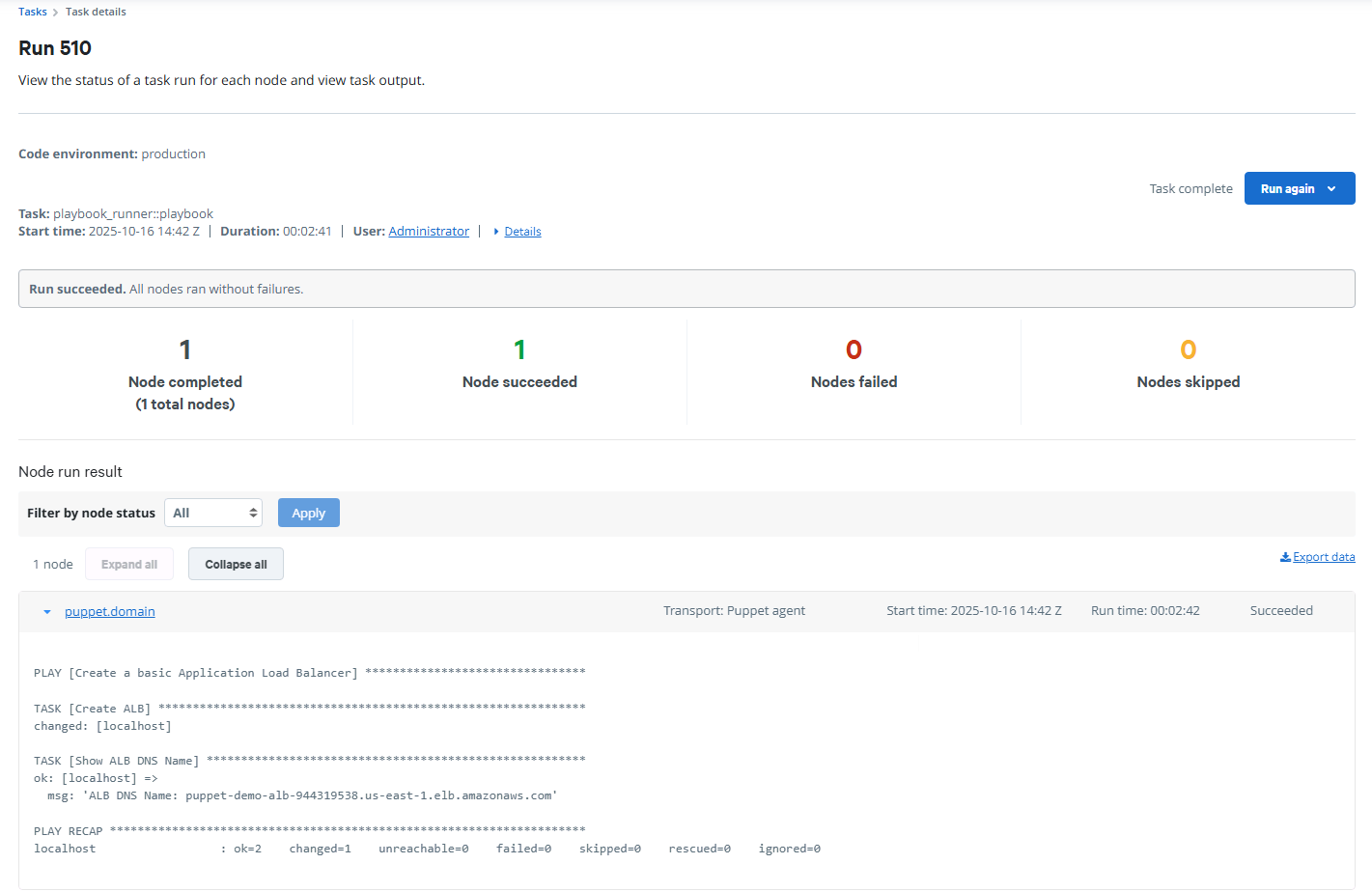 Playbook runner task run details success