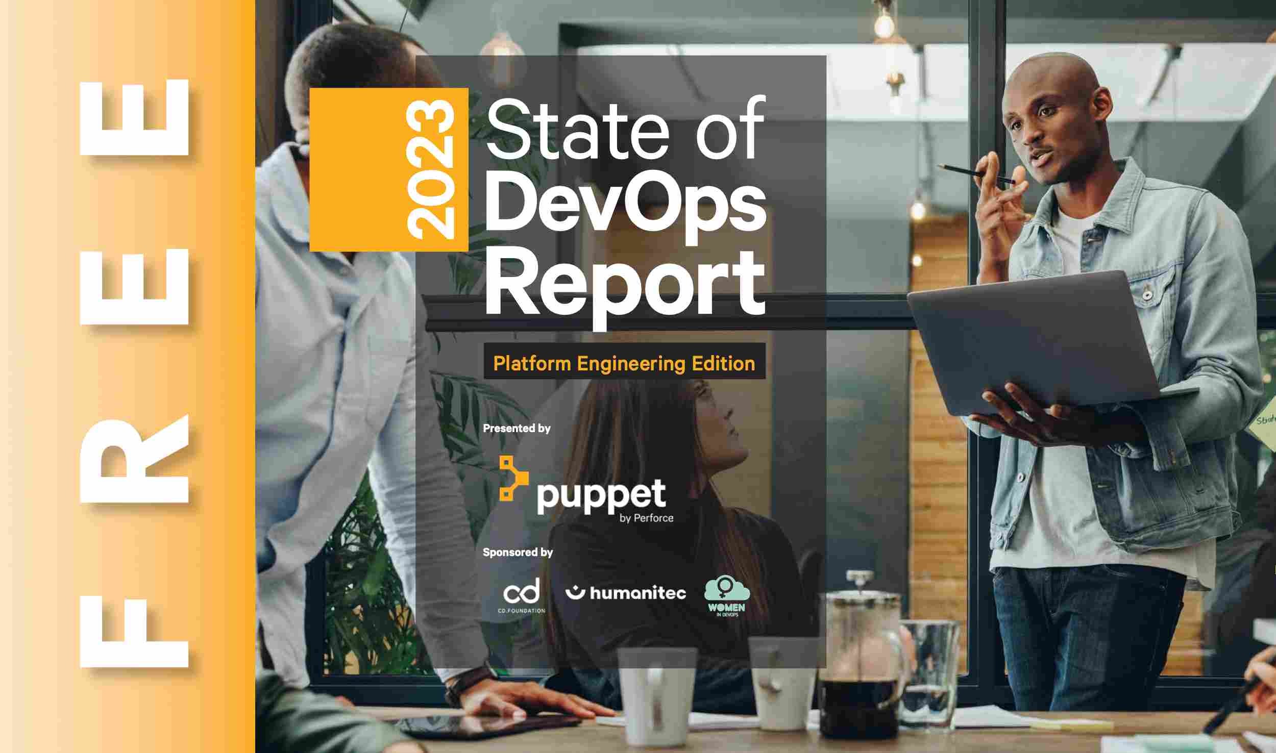 A banner image of the first page of the Puppet 2023 State of DevOps Report: Platform Engineering with a large "FREE" banner on it.