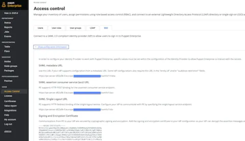 A screenshot of the Access Control page of the Puppet Enterprise console, displaying how to integrate Okta with Puppet Enterprise.