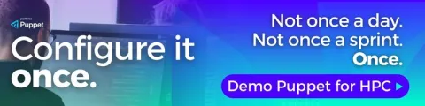 Demo Configuration Management for HPC Environments — A banner image promoting the use of Puppet for configuring management in high-performance computing environments. Text reads: Configure it once. Not once a day. Not once a sprint. Once.
