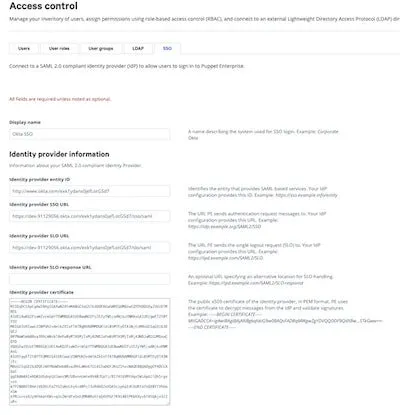 A screenshot of the SSO tab in the Access control menu of the Okta console, displaying how to integrate Okta with Puppet Enterprise.