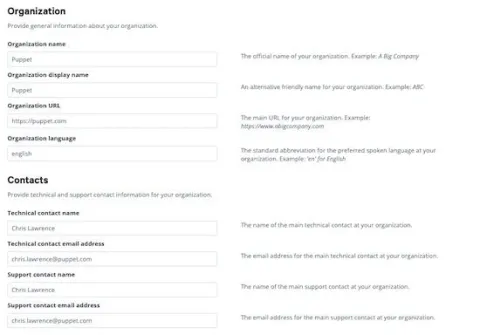 A screenshot of the Organization screen of the Okta console, displaying how to integrate Okta with Puppet Enterprise.
