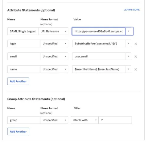 A screenshot of the Attribute Statements page of the Okta console, displaying how to integrate Okta with Puppet Enterprise.