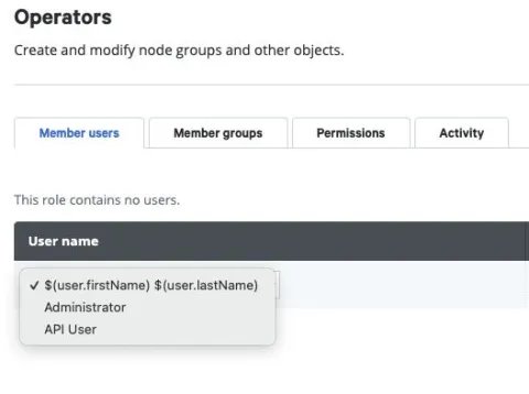A screenshot of the Member users > User name sub-menu of the Operators page of the Okta console, displaying how to integrate Okta with Puppet Enterprise.