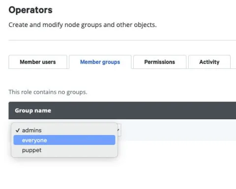 A screenshot of the Member groups > Group name sub-menu of the Operators of the Okta console, displaying how to integrate Okta with Puppet Enterprise.