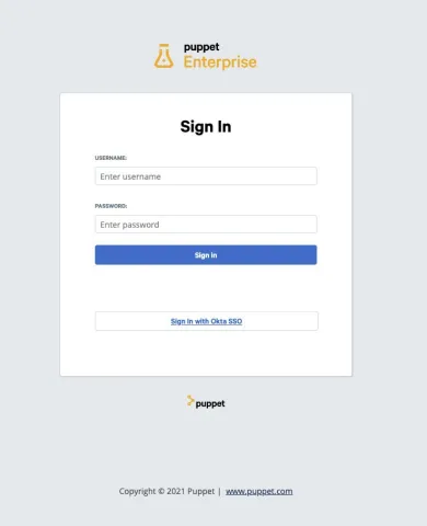 A screenshot of the Puppet Enterprise login screen displaying a "Sign in with Okta SSO" prompt, indicating successful integration of Okta with Puppet Enterprise using SAML.