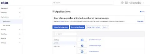 A screenshot of the Applications page of the Okta console, displaying how to integrate Okta with Puppet Enterprise.