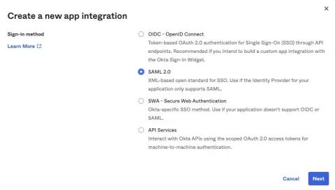 A screenshot of the Create a new app integration page of the Okta console, displaying how to integrate Okta with Puppet Enterprise.