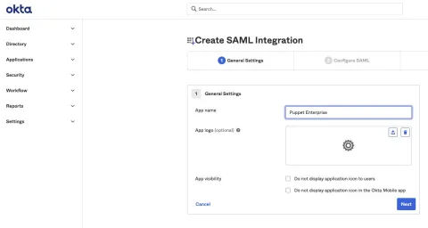 A screenshot of the Create SAML Integration page of the Okta console, displaying how to integrate Okta with Puppet Enterprise.