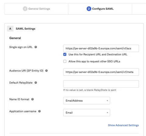 A screenshot of the Configure SAML page of the Okta console, displaying how to integrate Okta with Puppet Enterprise.
