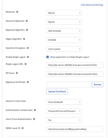 A screenshot of the Advanced Settings interface of the Configure SAML page of the Okta console, displaying how to integrate Okta with Puppet Enterprise.