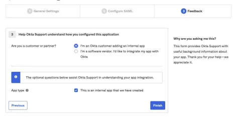 A screenshot of the Feedback page of the Okta console, displaying how to integrate Okta with Puppet Enterprise.