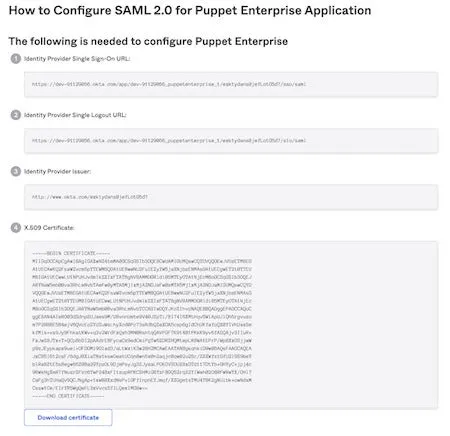 A screenshot of the How to Configure SAML 2.0 for Puppet Enterprise Application page of the Okta console, displaying how to integrate Okta with Puppet Enterprise.